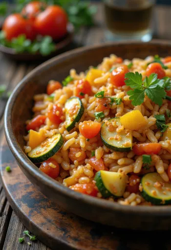 Sajian jambalaya vegetarian dengan paprika, zukini, dan nasi