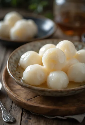 Dumpling sup Cina tang yuan disajikan dalam kuah manis, dengan bola-bola putih
