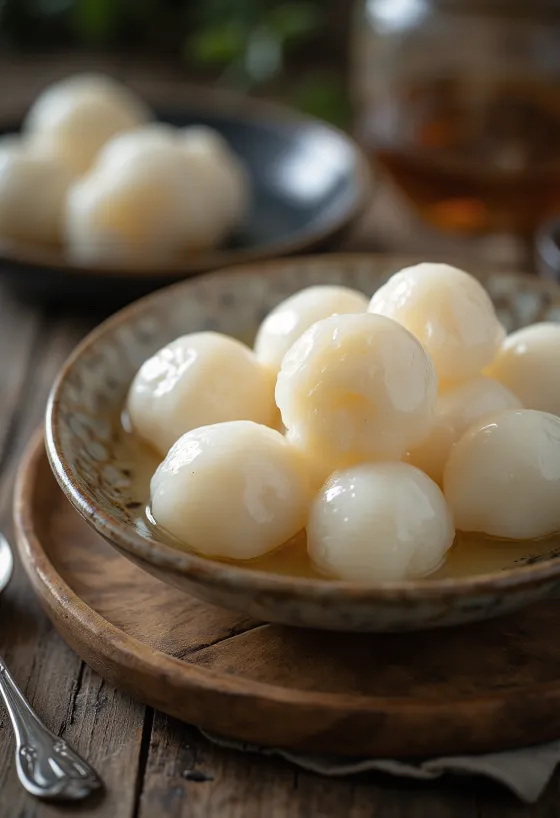 Dumpling sup Cina tang yuan disajikan dalam kuah manis, dengan bola-bola putih