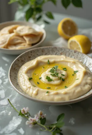 Saus lemon tahini disajikan dengan pita dan sayuran panggang