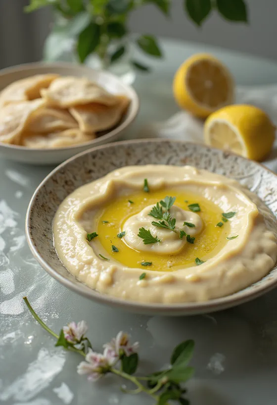Saus lemon tahini disajikan dengan pita dan sayuran panggang