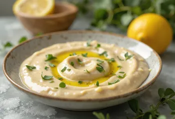 Saus lemon tahini disajikan dengan pita dan sayuran panggang
