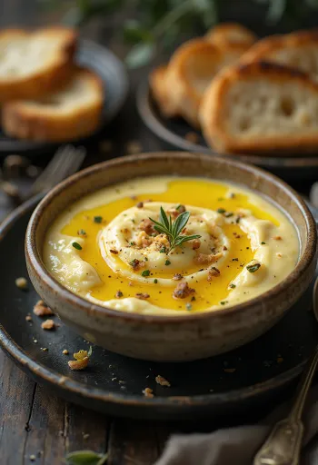 Krim terong dengan tekstur lembut dan creamy, disajikan dengan rempah segar dan minyak zaitun