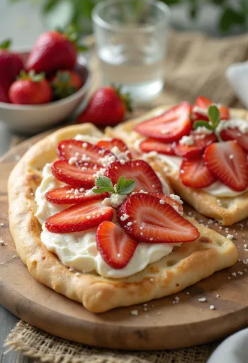 Piadina isi keju krim dan stroberi disajikan