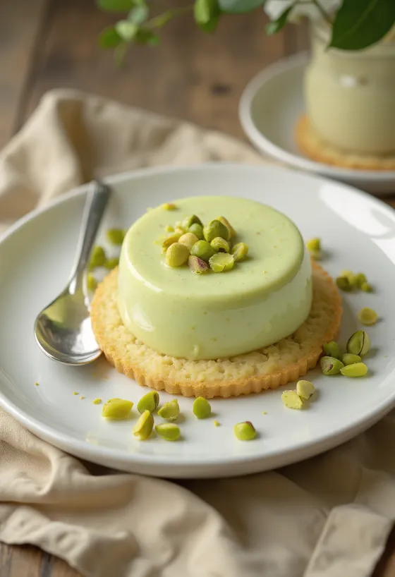 Kue panna cotta pistachio dihias dengan krim pistachio dan pistachio segar