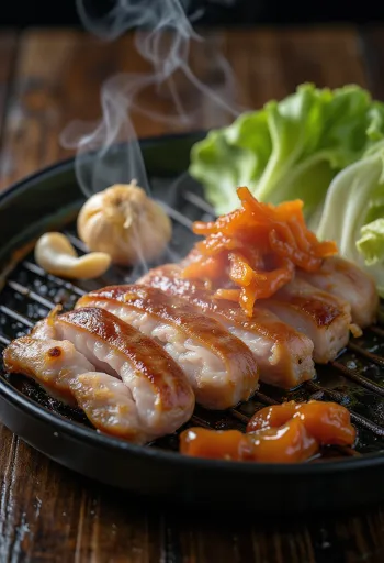 Samgyeopsal sapi disajikan dengan daun selada dan kimchi