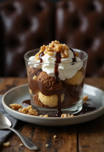 Somlói galuska dengan bolu lembut, krim vanila, dan lapisan saus cokelat