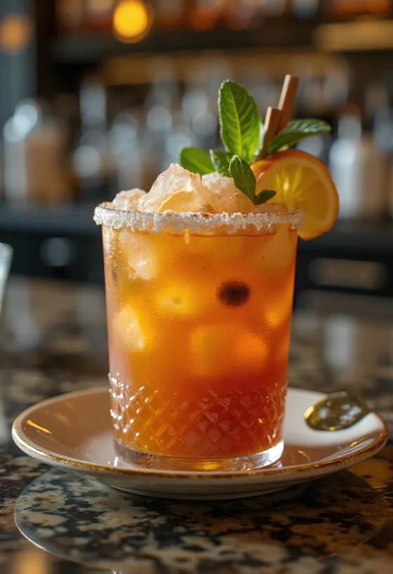 Koktail Zombie dihiasi dengan daun mint dan irisan jeruk