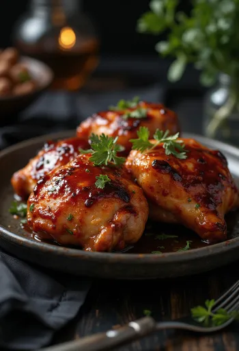 Paha ayam BBQ dipanggang di oven, disajikan dengan kentang panggang