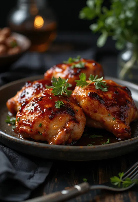 Paha ayam BBQ dipanggang di oven, disajikan dengan kentang panggang
