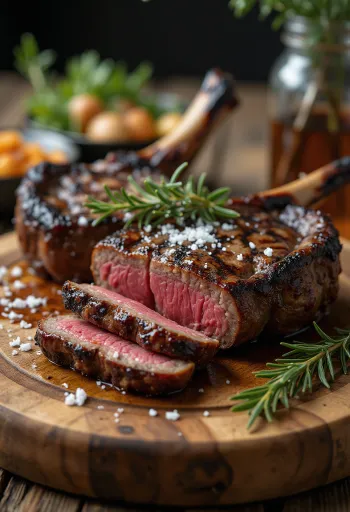 Steak springbok panggang disajikan dengan sayuran panggang.