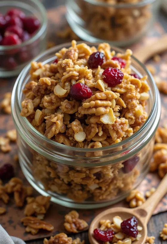 Granola rumahan dengan oat renyah, biji-bijian, dan buah kering