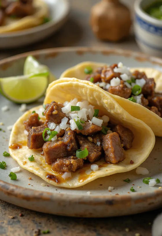 Taco Lengua dengan potongan lidah sapi goreng dan ketumbar