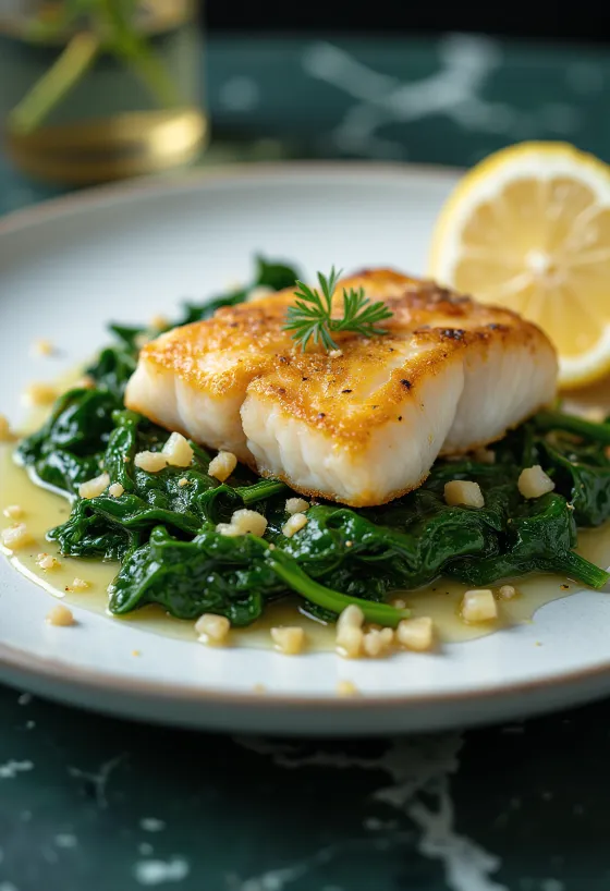 Ikan goreng dengan bayam bawang putih disajikan