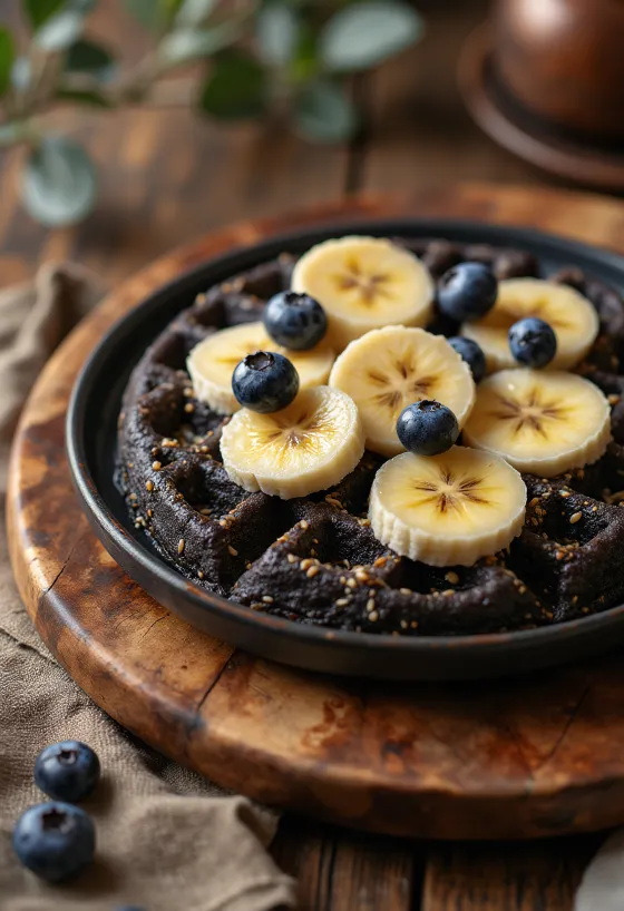 Waffle superfood dengan biji chia, quinoa, pisang, blueberry, dan almond disajikan