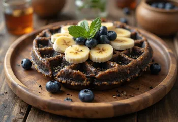 Waffle superfood dengan biji chia, quinoa, pisang, blueberry, dan almond disajikan