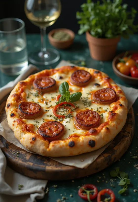 Pizza Diavola Vegan dengan sosis nabati dan cabai