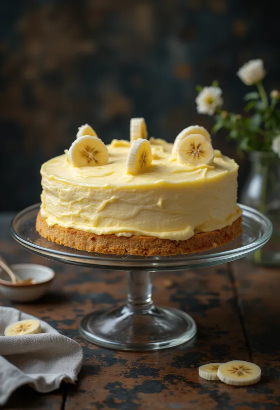 Kue krim pisang dihiasi irisan pisang