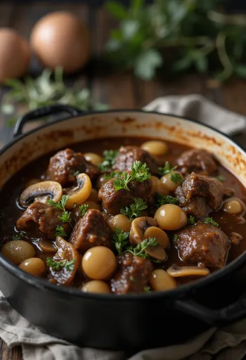 Daging Sapi Bourguignon disajikan dengan timi segar dan roti