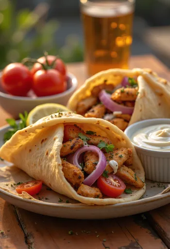 Daging gyros yang baru dipanggang dalam pita, disajikan dengan sayuran dan saus yogurt.