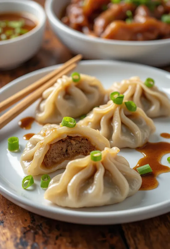Jiaozi bebek Peking Cina rebus, di piring putih, isian bebek terlihat