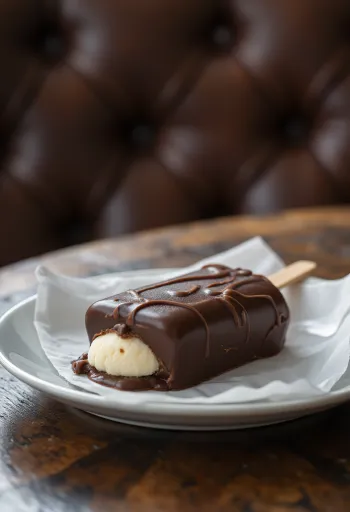 Es krim Magnum Classic buatan sendiri, dengan lapisan cokelat renyah, disajikan dengan latar belakang rustik