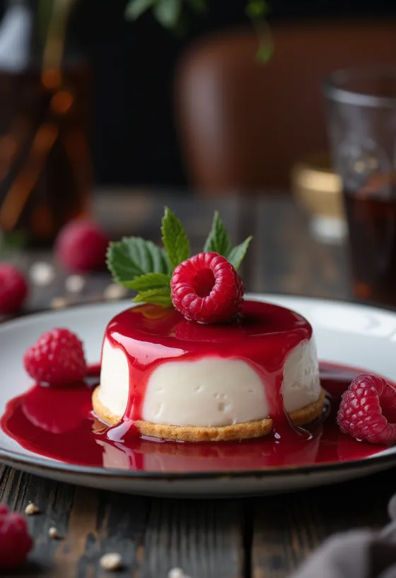 Kue panna cotta raspberry dengan hiasan buah