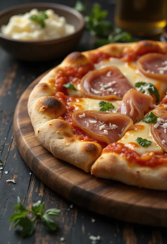 Pizza con Pancetta dengan daging sapi asap dan keju