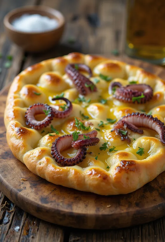 Focaccia gurita dan peterseli disajikan