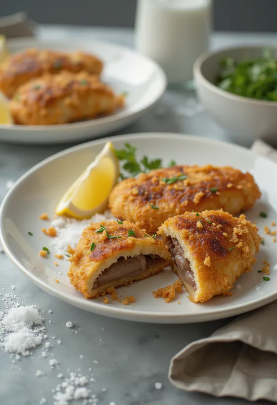 Hati sapi goreng tepung renyah cokelat keemasan, disajikan dengan salad segar