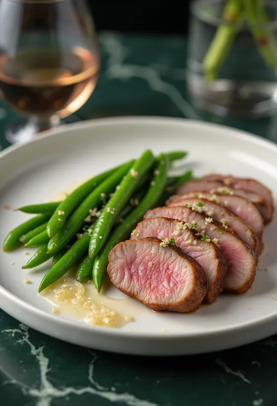 Dada bebek panggang disajikan dengan buncis