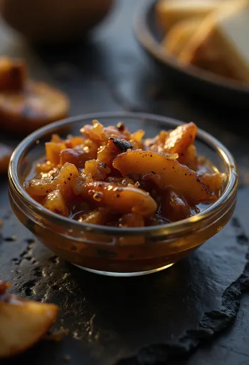 Toples berisi chutney apel kental berwarna cokelat kemerahan