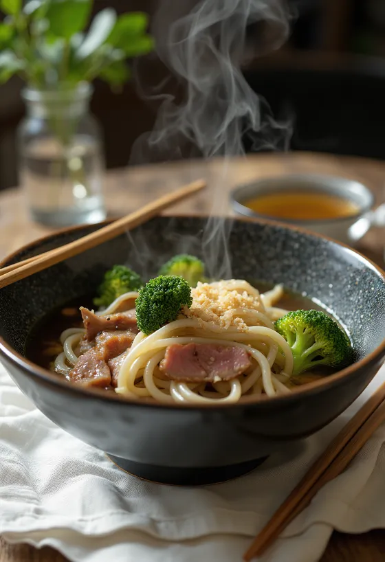 Mangkuk berisi mi udon tebal dengan irisan daging sapi