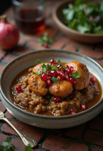 Fesenjoon dengan ayam disajikan, dengan biji delima dan nasi