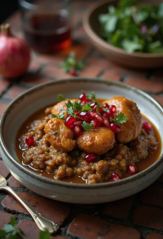 Fesenjoon dengan ayam disajikan, dengan biji delima dan nasi