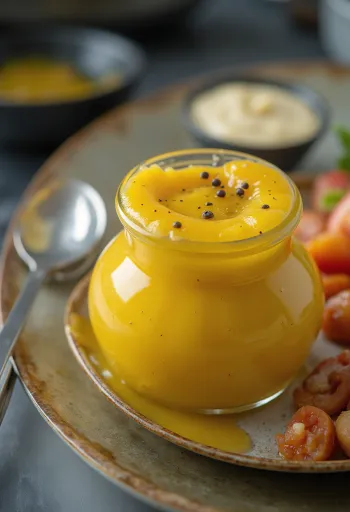Saus mustard madu buah dalam mangkuk, dengan buah-buahan segar dan sayuran di sampingnya.