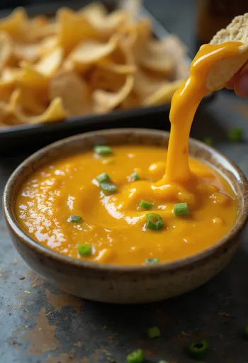Saus cheddar bir jalapeño dalam mangkuk, disajikan dengan nachos
