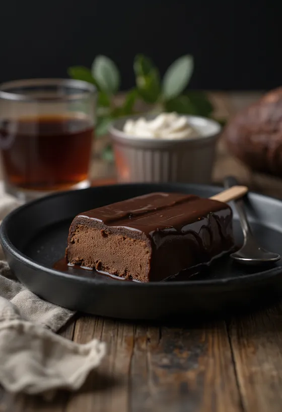 Es krim Magnum Double Chocolate buatan sendiri dilapisi cokelat ganda, disajikan dengan latar belakang rustik