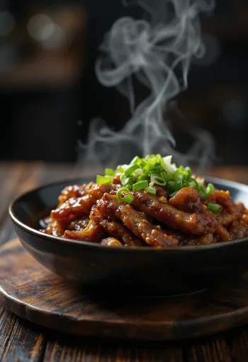 Daging sapi Mongolia dalam kecap asin, disajikan dengan daun bawang