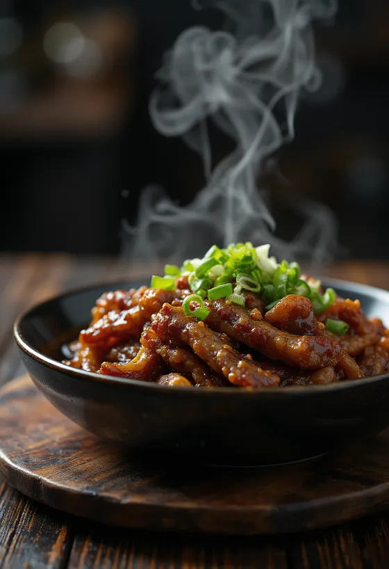 Daging sapi Mongolia dalam kecap asin, disajikan dengan daun bawang