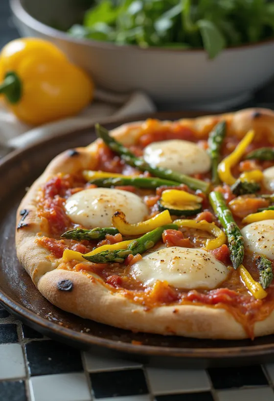 Pizza Primavera dengan sayuran musim semi dan basil