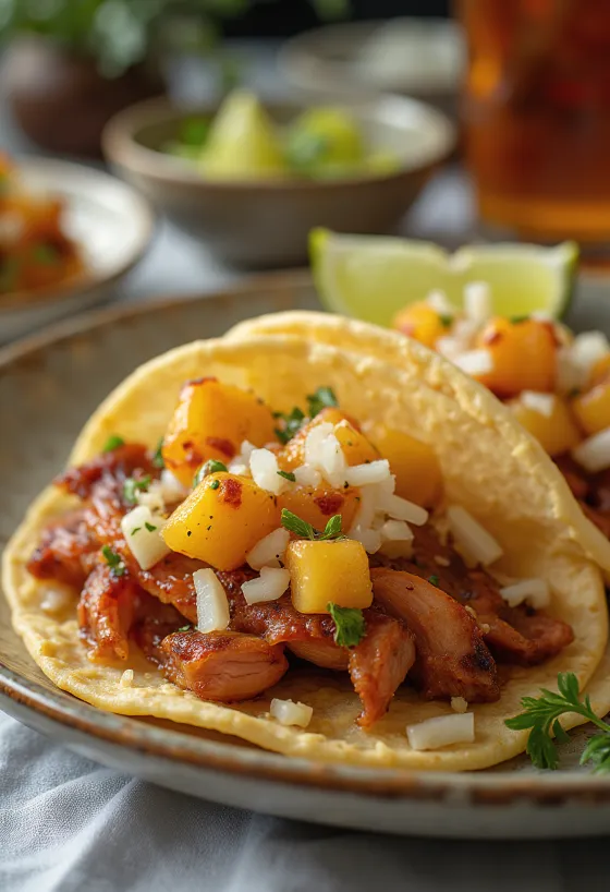 Taco al Pastor dengan daging sapi marinasi dan potongan nanas
