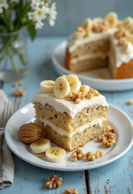 Kue krim pisang-kenari dihiasi irisan pisang segar dan kenari