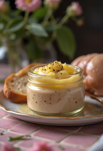 Pâté hati ayam dengan tekstur lembut, disajikan dengan rempah segar dan roti panggang renyah