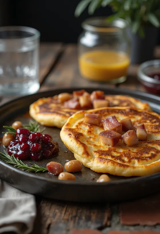 Pancake oven dengan daging sapi asap disajikan