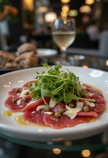 Carpaccio daging kuda disajikan dengan rucola, Parmesan, dan capers.