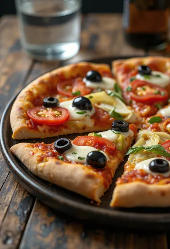 Pizza Mediterranea dengan zaitun, tomat, dan artichoke