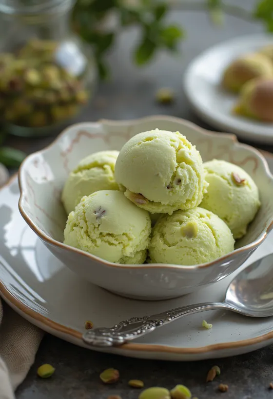 Es Krim Pistachio Air Mawar dalam mangkuk