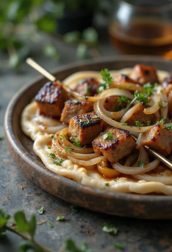 Tusuk sate Shashlik disajikan dengan sayuran panggang