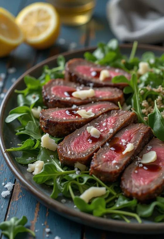 Tagliata di manzo dengan arugula dan parmesan disajikan